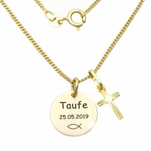 Echt Gold 333 Kette und Anhänger mit Gravur und Kreuz GONC119