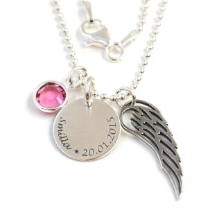 Silberkette mit Engelsflügel Gravurplättchen und Lasergravur GONC40
