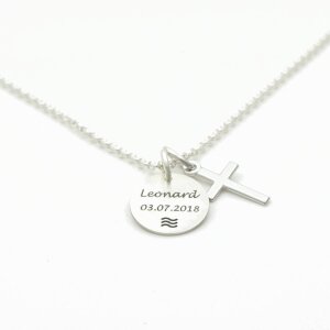 Taufkette mit Gravur Welle Kreuz Taufschmuck echt Silber GONC68