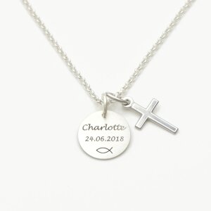 Taufkette mit Gravur Ichthys Kreuzanhänger Taufschmuck echt Silber GONC74
